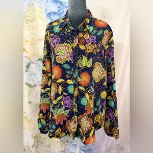 BUCKETLIST Vibrant Blouse unique Florals wood carved buttons elastic wrist cuffs